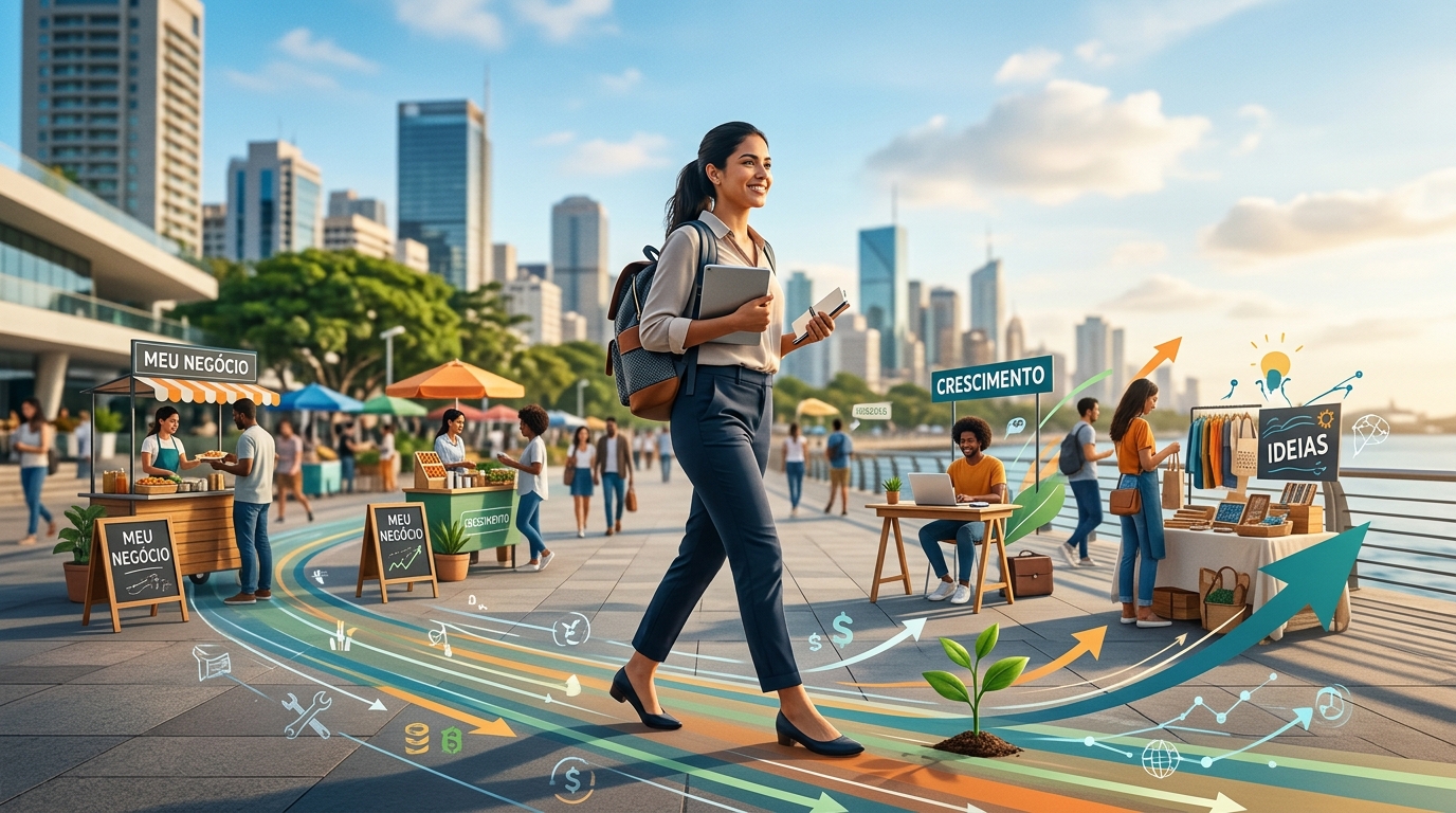 Empreendedora caminhando por uma praça com pequenos negócios e gráficos de crescimento