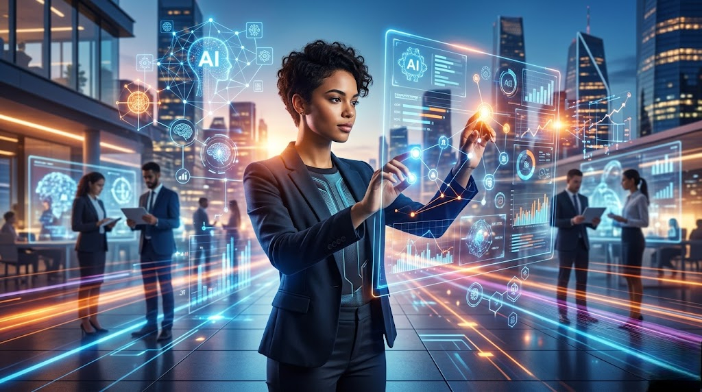 Profissional interagindo com painéis de inteligência artificial em um ambiente corporativo futurista