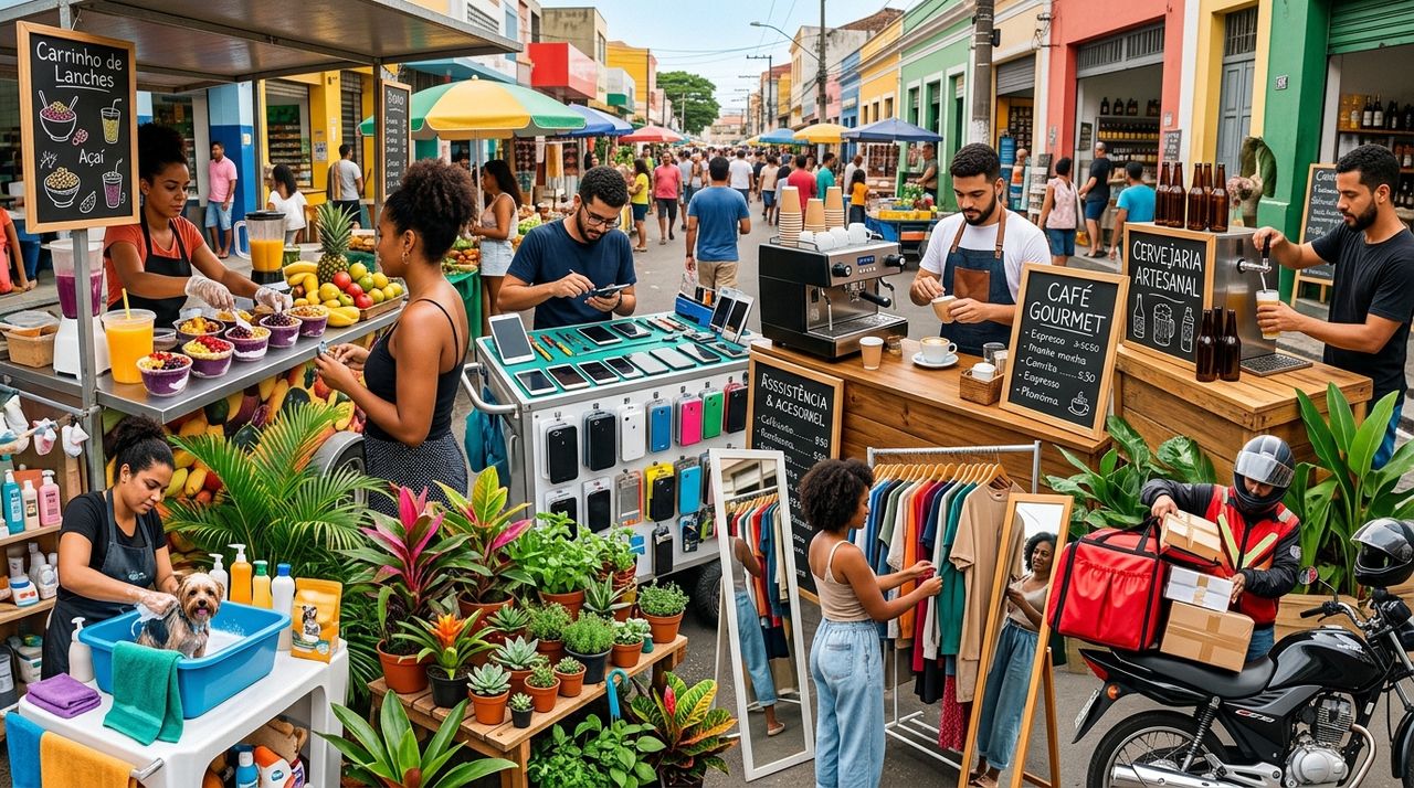 Rua comercial com pequenos negócios que podem começar com investimento reduzido