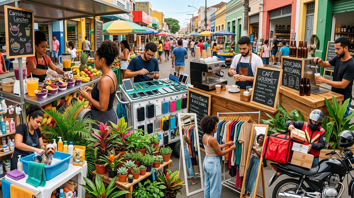 Rua comercial com pequenos negócios que podem começar com investimento reduzido