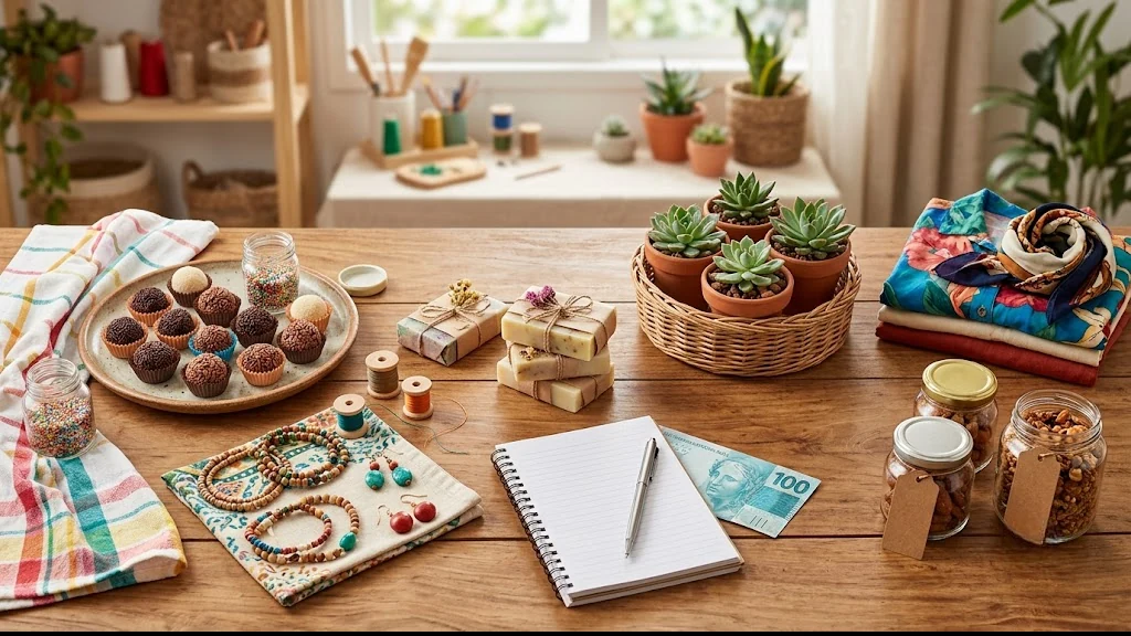 Mesa com doces, artesanato, plantas, tecidos, produtos para revenda, caderno e notas de dinheiro representando ideias para começar com 100 reais