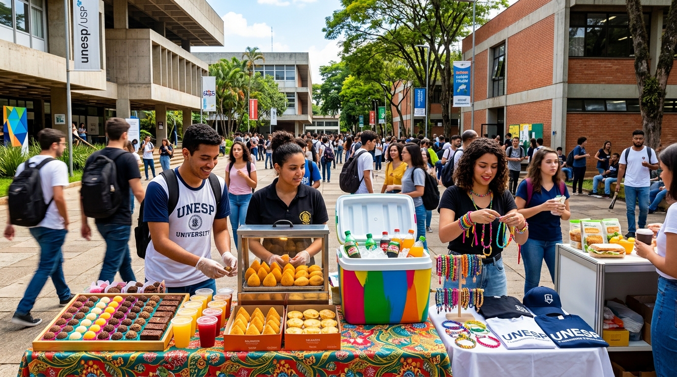 Estudantes vendendo doces, salgados, bebidas e produtos personalizados em um campus universitário