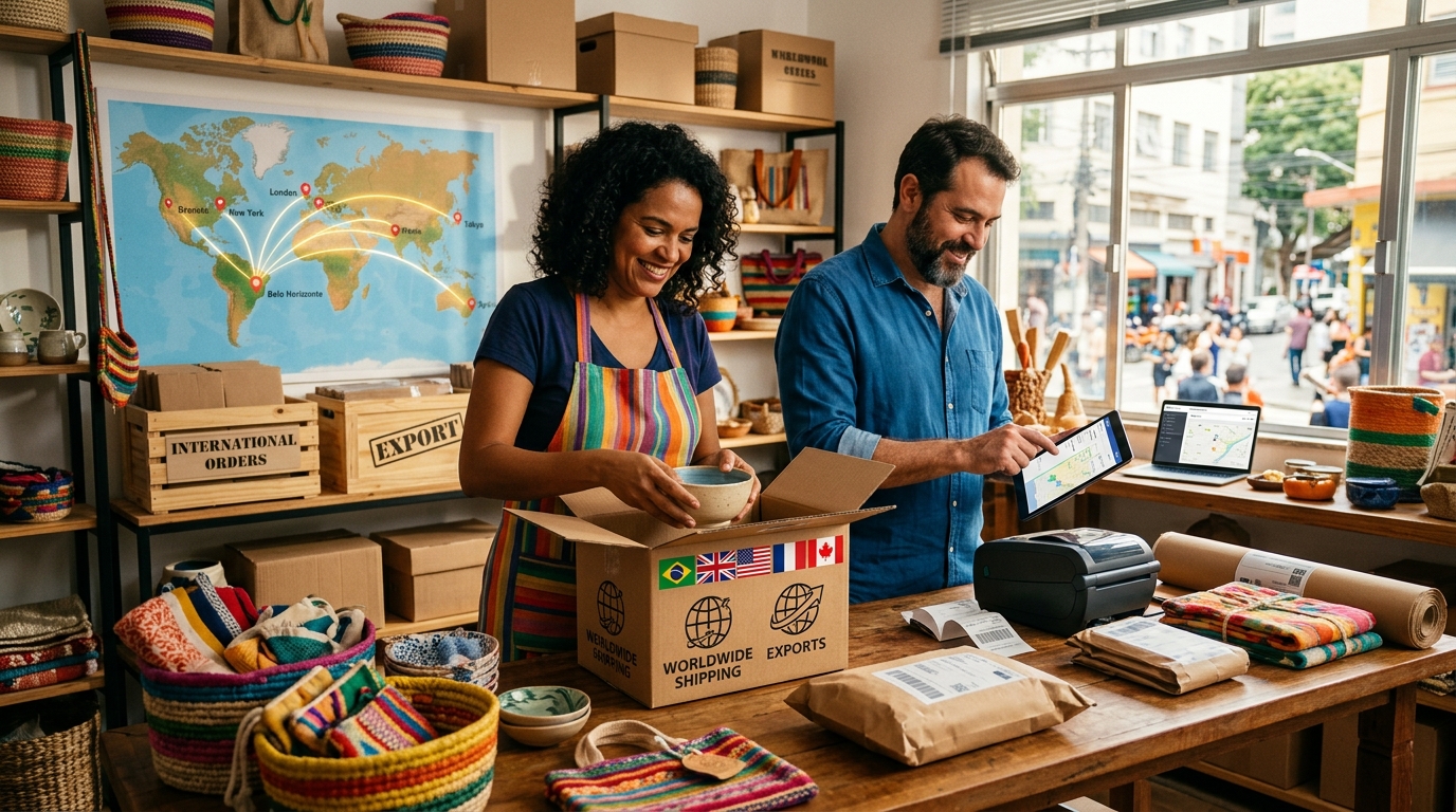 Pequenos empresários brasileiros embalando artesanato para clientes internacionais