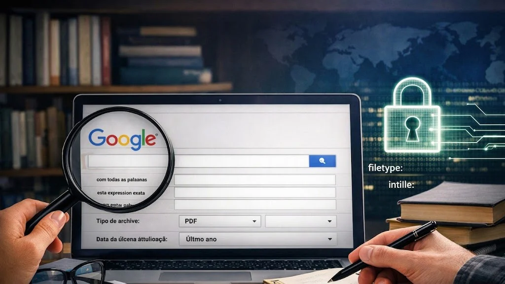 Pesquisa avançada Google com lupa, operadores de busca e cadeado digital
