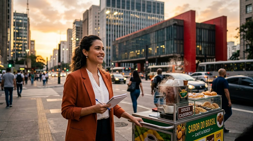 Empreendedora administrando um pequeno negócio de doces em uma avenida brasileira