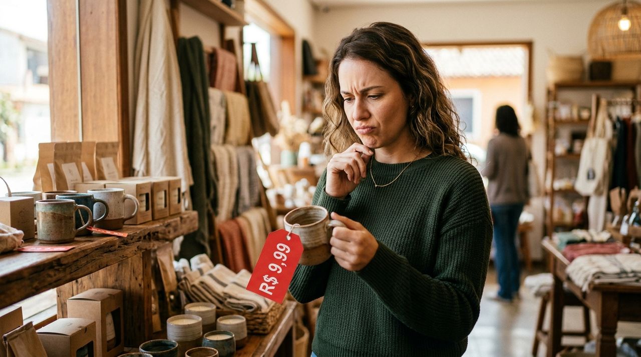 Cliente analisando o preço de uma caneca em uma loja de produtos artesanais