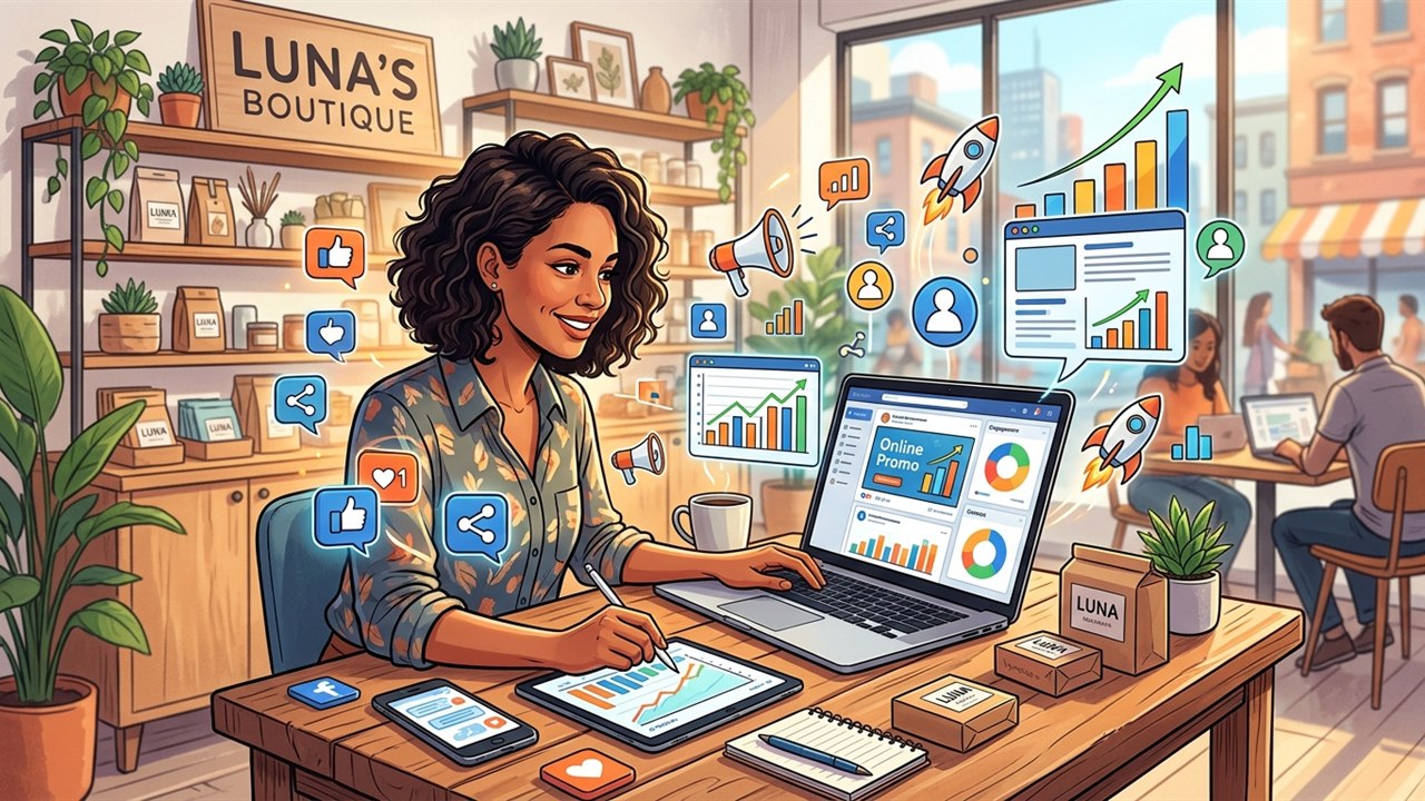 Pequena empresária gerenciando a promoção online da loja em um notebook, com gráficos de desempenho, redes sociais e megafone ao redor