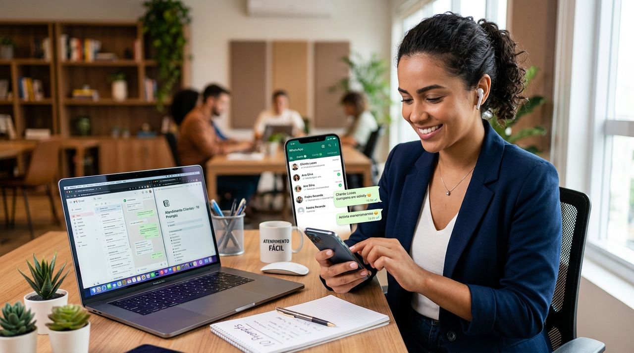 Profissional usando prompts de inteligência artificial para responder clientes pelo WhatsApp