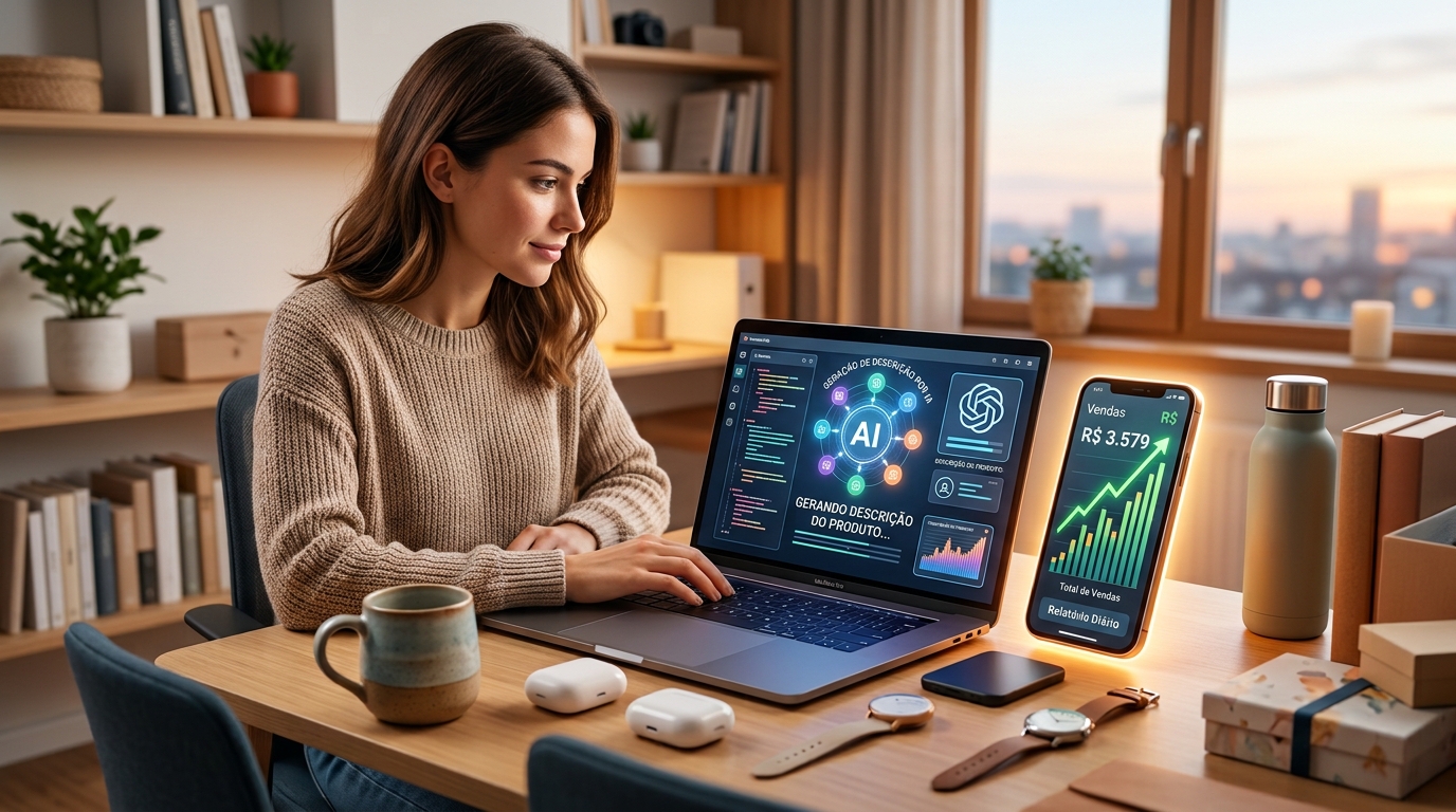 Empreendedora usando inteligência artificial para criar descrições de produtos
