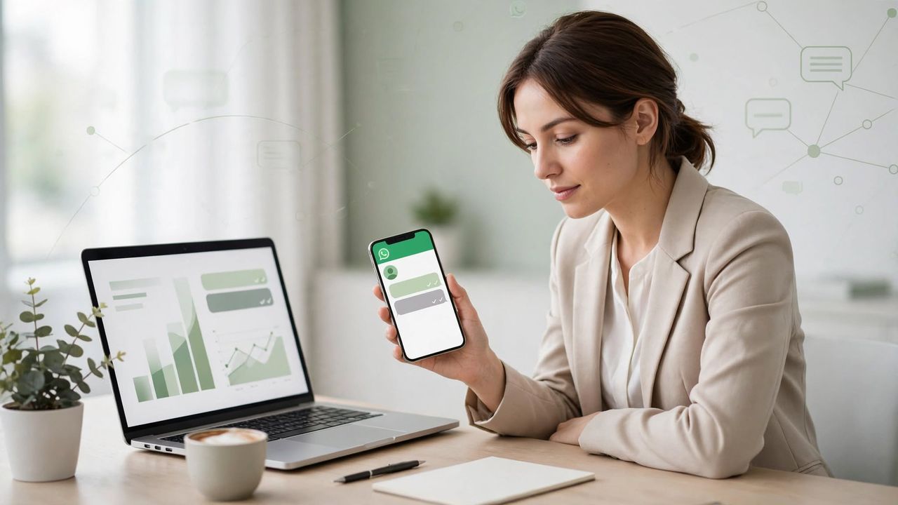 Profissional preparando uma mensagem de prospecção pelo WhatsApp após pesquisar uma empresa