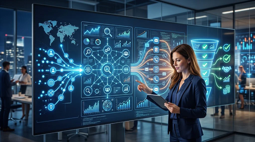 Profissional analisando um painel de inteligência comercial, prospecção e funil de vendas B2B