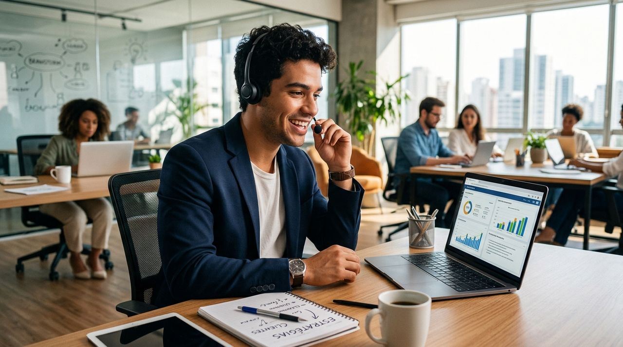 Profissional aprendendo vendas enquanto conversa com um cliente e acompanha resultados