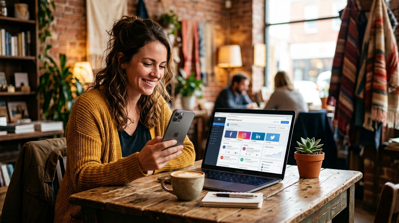 Empreendedora planejando redes sociais da pequena empresa pelo celular e computador