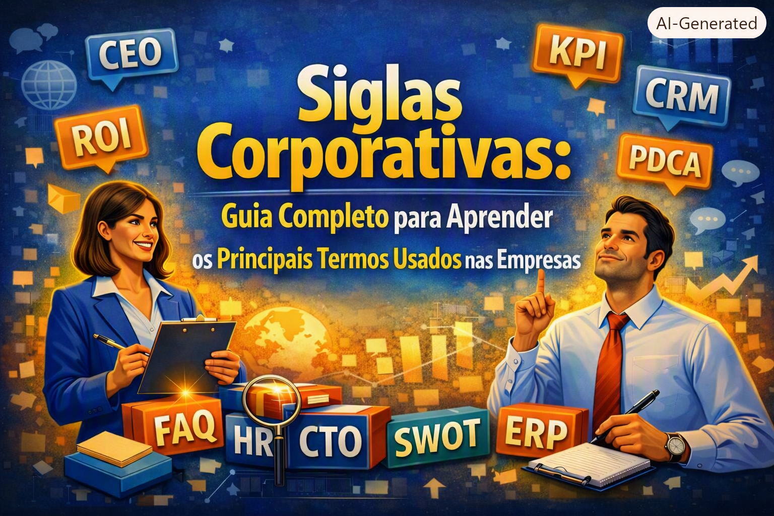 Profissionais estudando siglas corporativas como CEO, KPI, CRM, ROI e PDCA