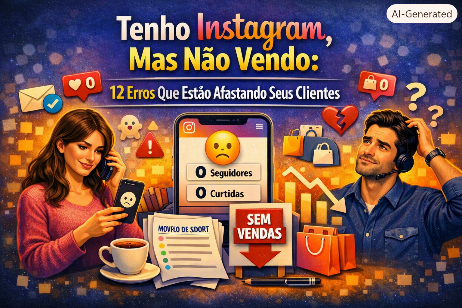 Empresária e empresário frustrados com perfil de Instagram sem seguidores, curtidas e vendas