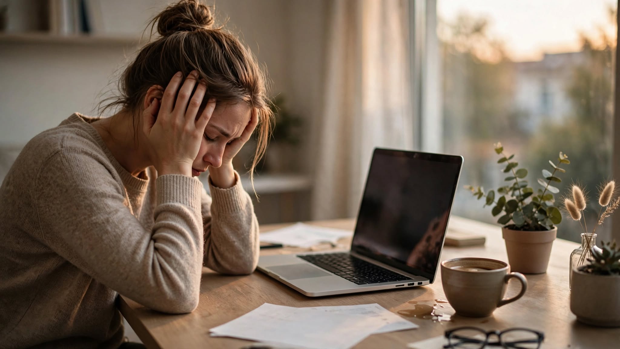 Profissional cansada diante do notebook após uma longa jornada de trabalho