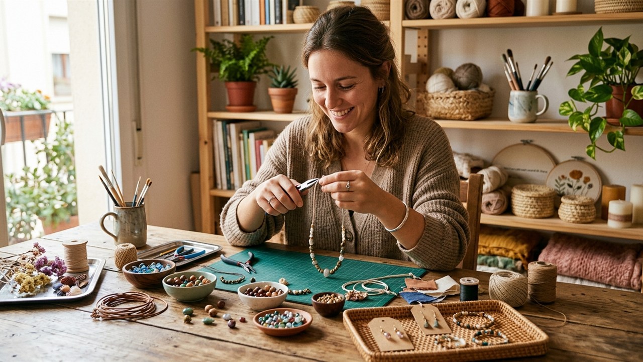 Artesã produzindo bijuterias e trabalhos manuais em casa