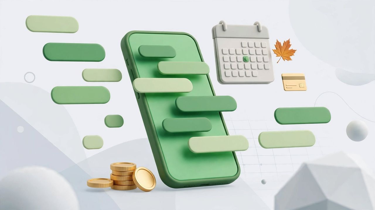 Celular com mensagens, calendário, cartão e moedas representando a cobrança do WhatsApp Business