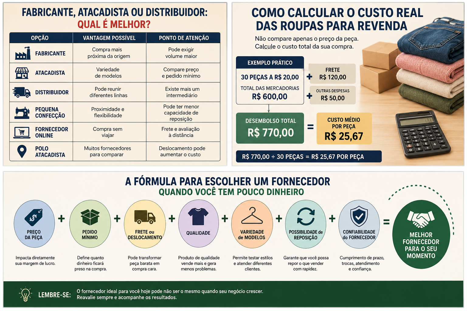 Comparativo entre fabricante, atacadista e distribuidor, exemplo do custo real por peça e critérios para escolher fornecedor de roupas