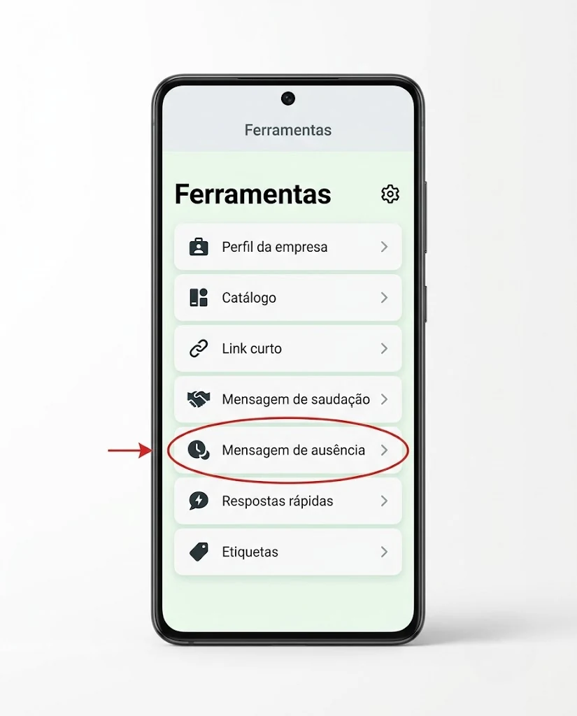 Ferramentas comerciais do WhatsApp Business com a opção Mensagem de ausência destacada