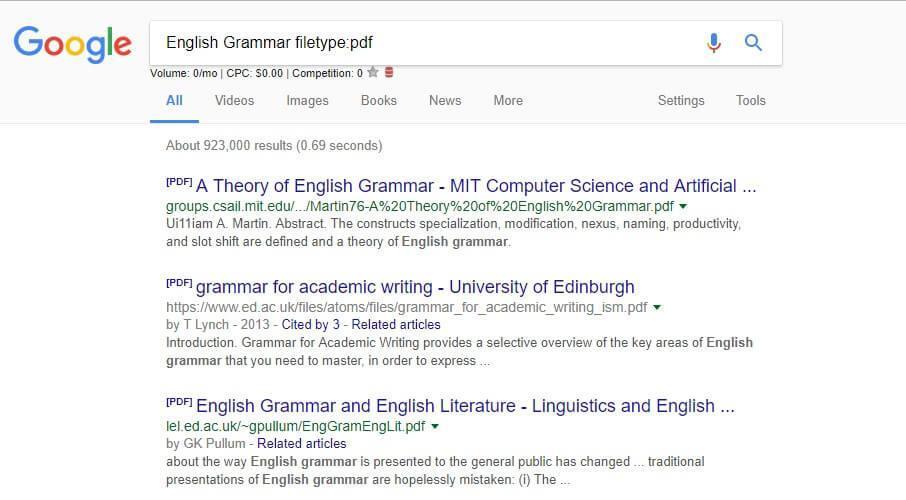 Resultados do Google para arquivos PDF sobre gramática inglesa