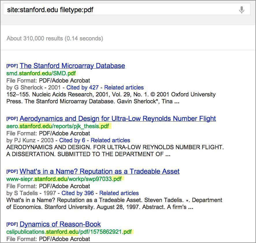 Resultados do Google em PDFs publicados pela Universidade Stanford