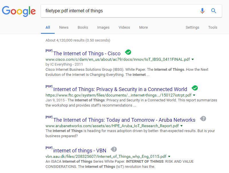 Resultados do Google para arquivos PDF sobre Internet das Coisas