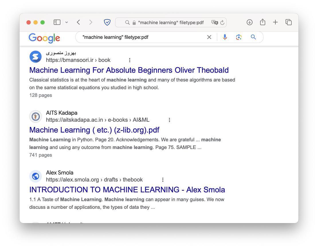 Resultados do Google para livros de aprendizado de máquina em PDF