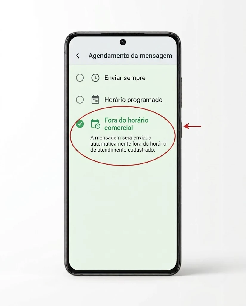 Opções de agendamento da mensagem de ausência com Fora do horário comercial selecionado