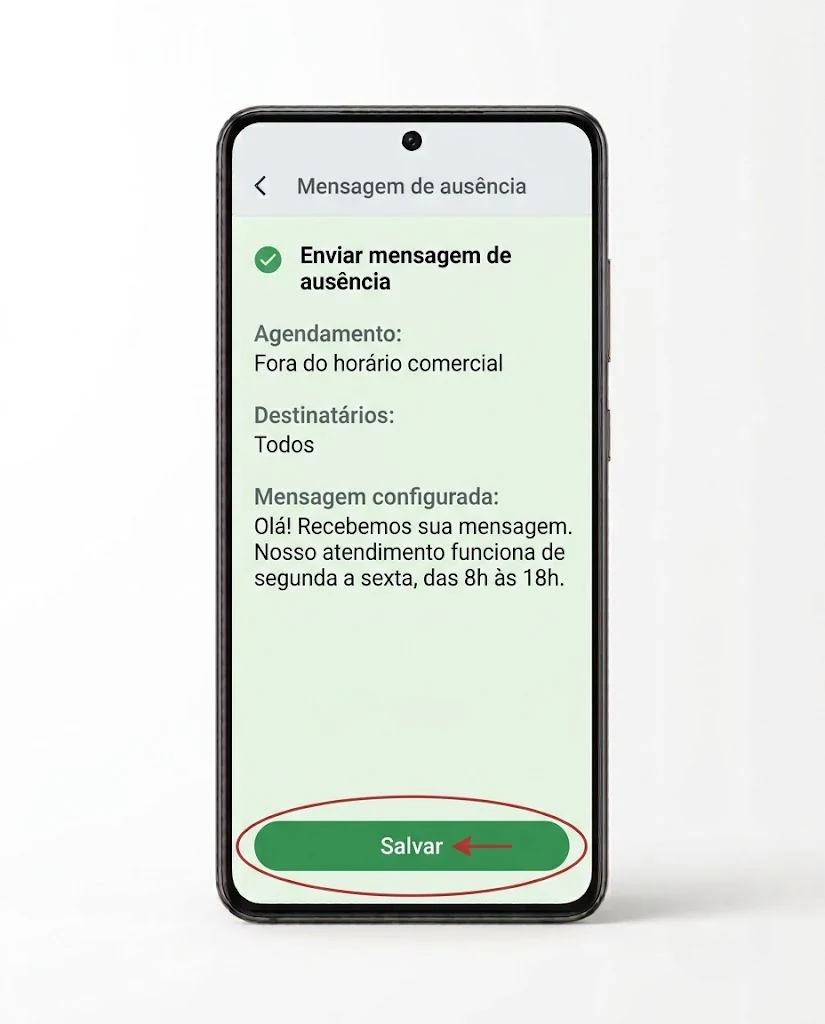 Configuração concluída da mensagem de ausência com o botão Salvar destacado