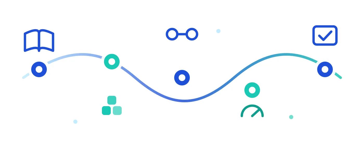 Ilustração de uma linha do tempo com cinco marcos, representando aprender, construir, integrar, operar e montar portfólio