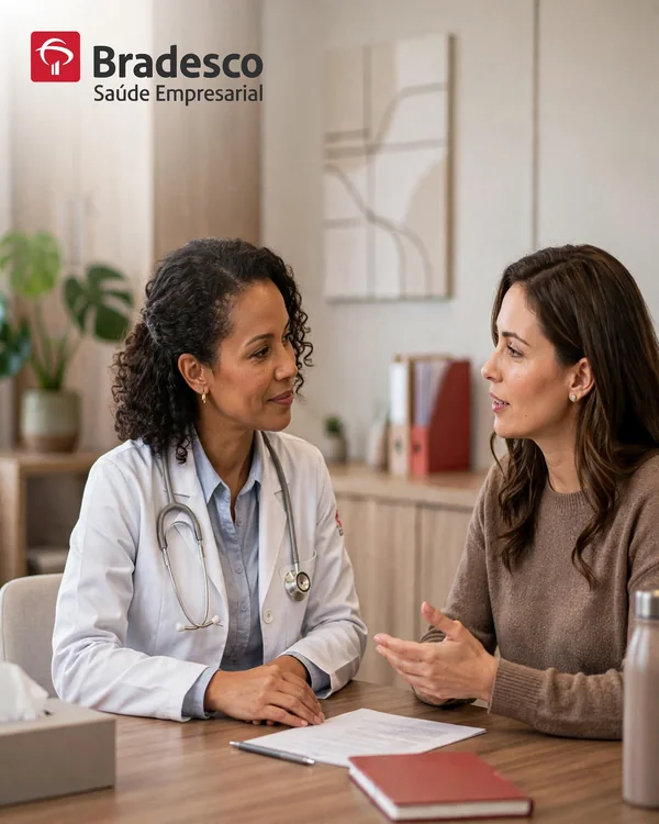 Médica conversando com paciente em atendimento humanizado