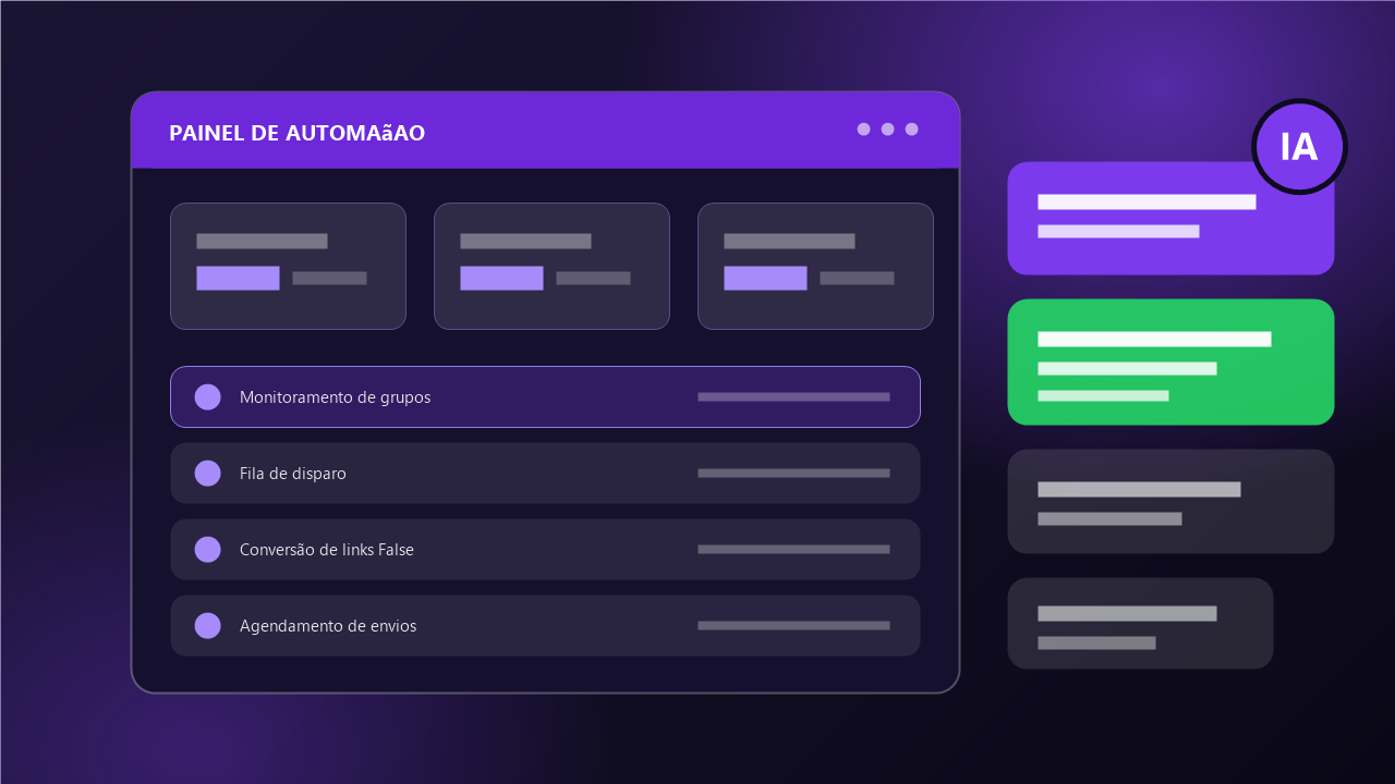Painel da plataforma IA Divulgadora com cartões de métricas, fila de envios e mensagens prontas para os grupos