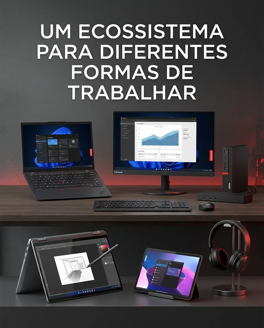 Composição de notebook, computador, monitor, tablet, dispositivo conversível e acessórios