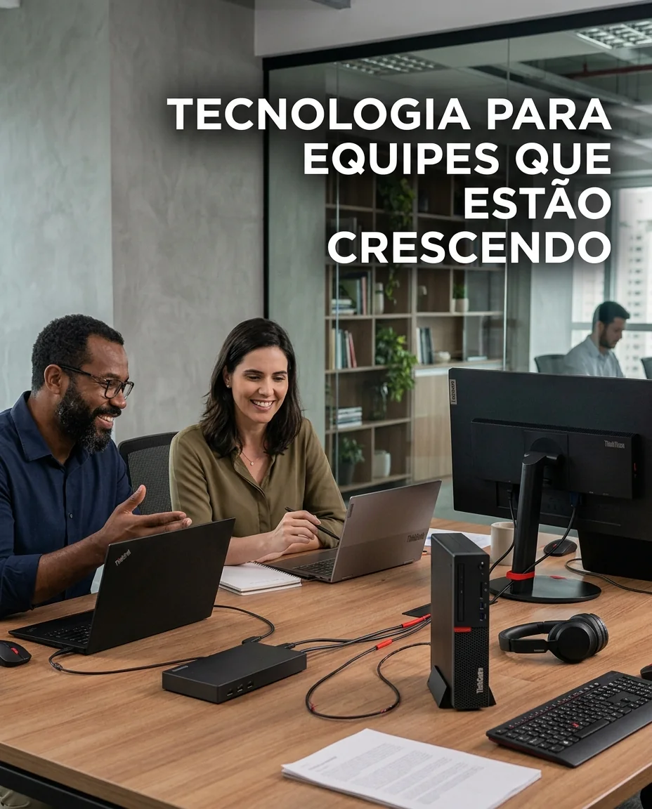 Equipe reunida em escritório com notebooks, monitor e acessórios Lenovo