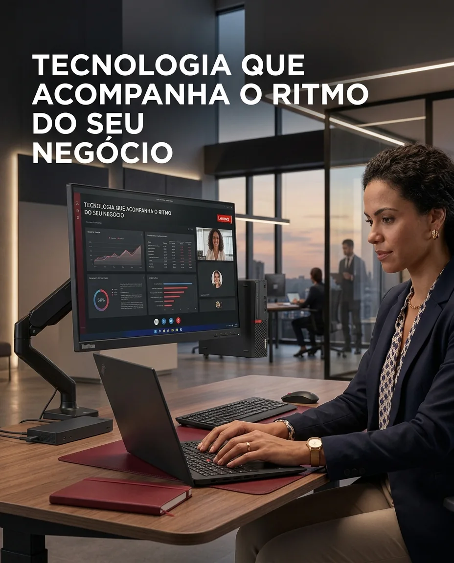 Profissional usando notebook e monitor em um escritório, com a frase Tecnologia que acompanha o ritmo do seu negócio