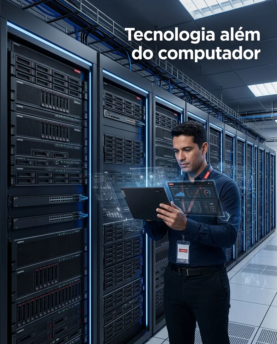 Profissional com tablet em um corredor de servidores de datacenter