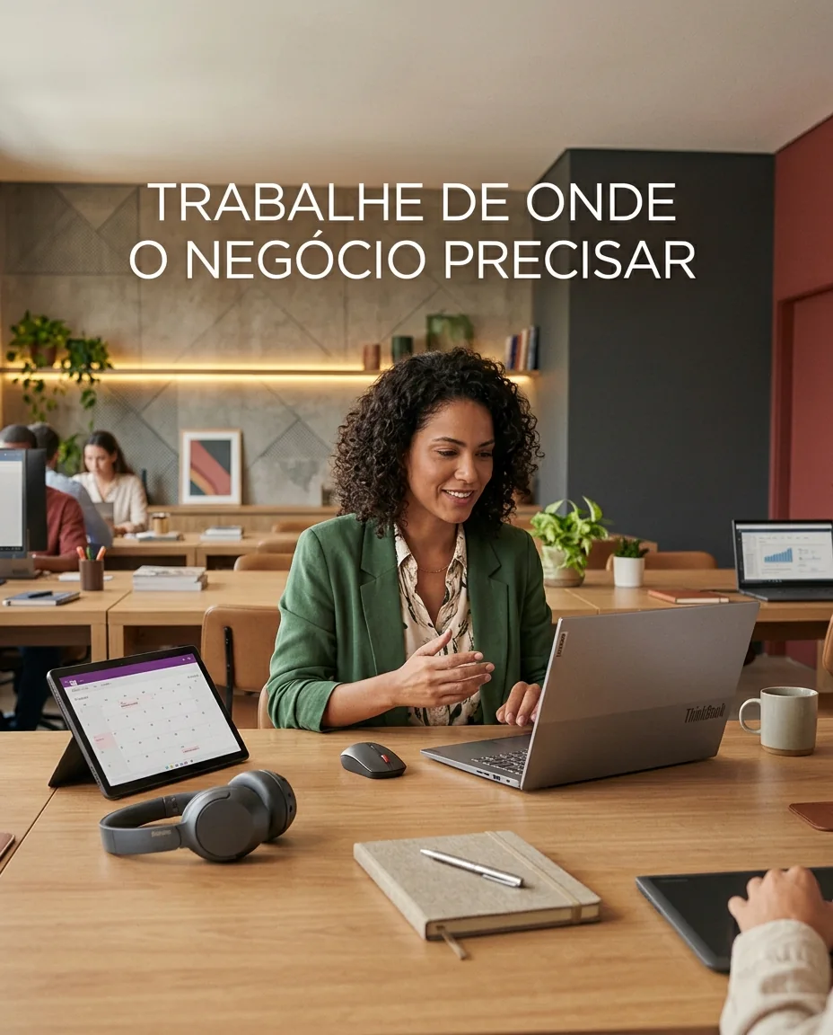 Profissional trabalhando com notebook, tablet e headset em um espaço compartilhado