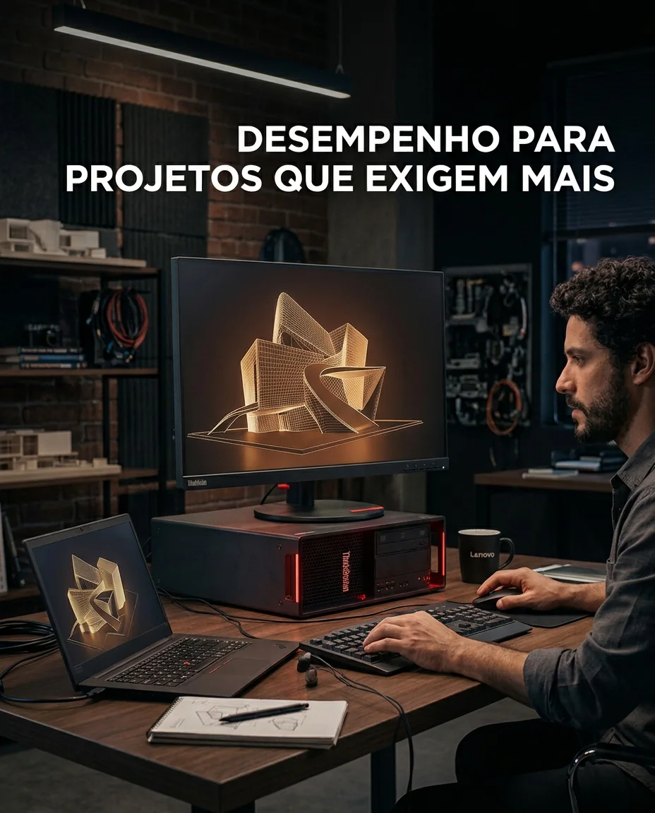 Profissional desenvolvendo um projeto tridimensional com workstation e monitores