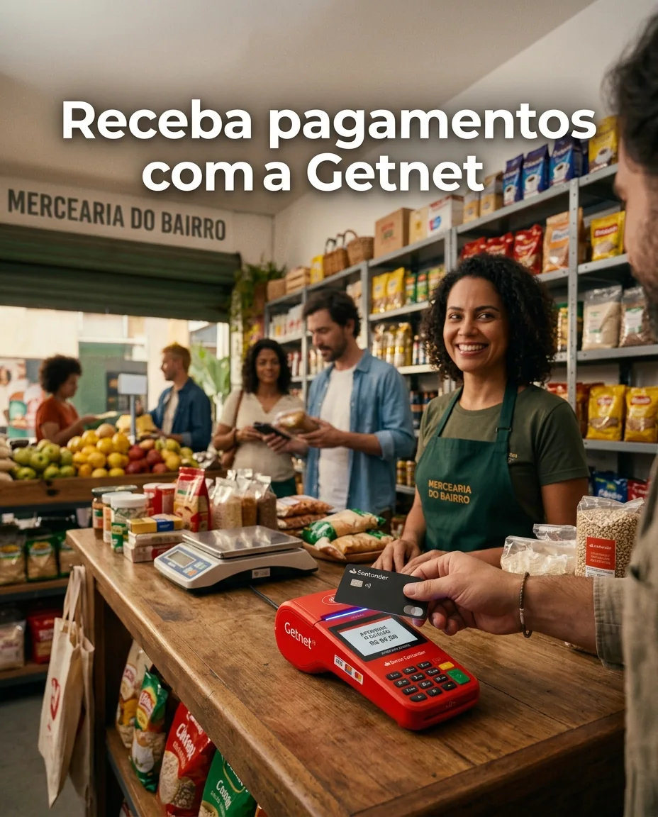 Pagamento com cartão em uma maquininha vermelha Getnet no balcão de uma mercearia