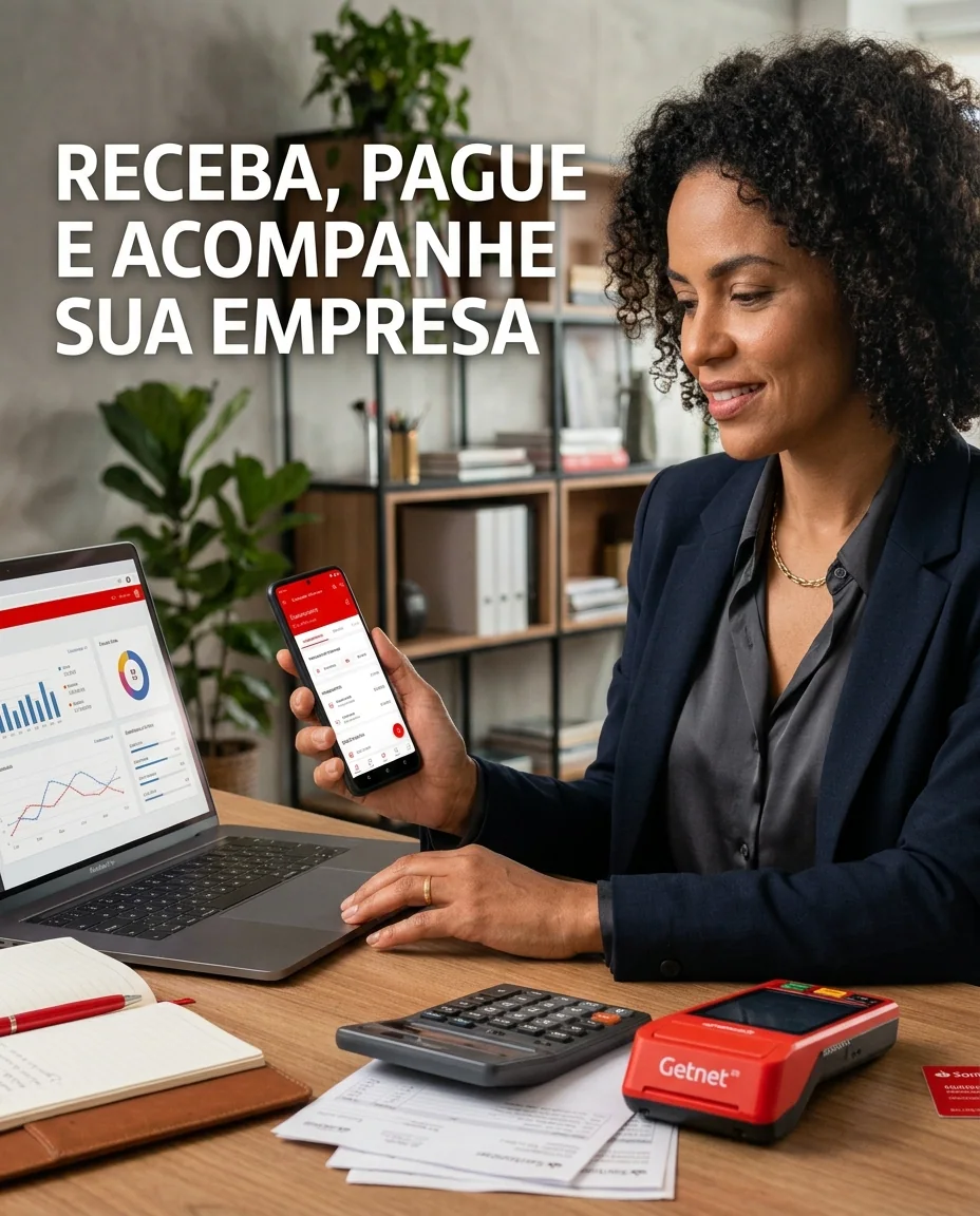 Empresária acompanhando a rotina financeira no celular e no computador